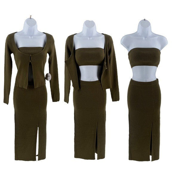 Petal & Pup NEW Luna Knitted Matching 3 Piece Set Midi Dress Olive Green Size XS